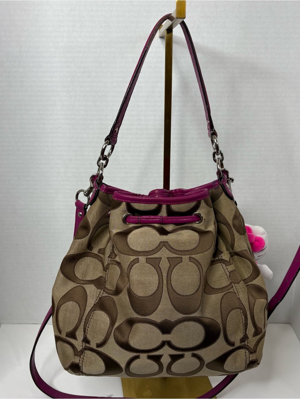 Coach Daisy Brown Signature Drawstring Shoulder/Crossbody Bag with Pink Trim - Picture 2 of 12